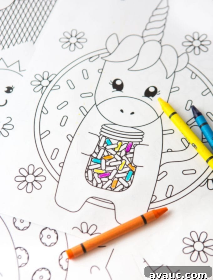 Magical Unicorn Birthday Printable 6 Child coloring a unicorn printable card with crayons, showcasing a fun, interactive activity.