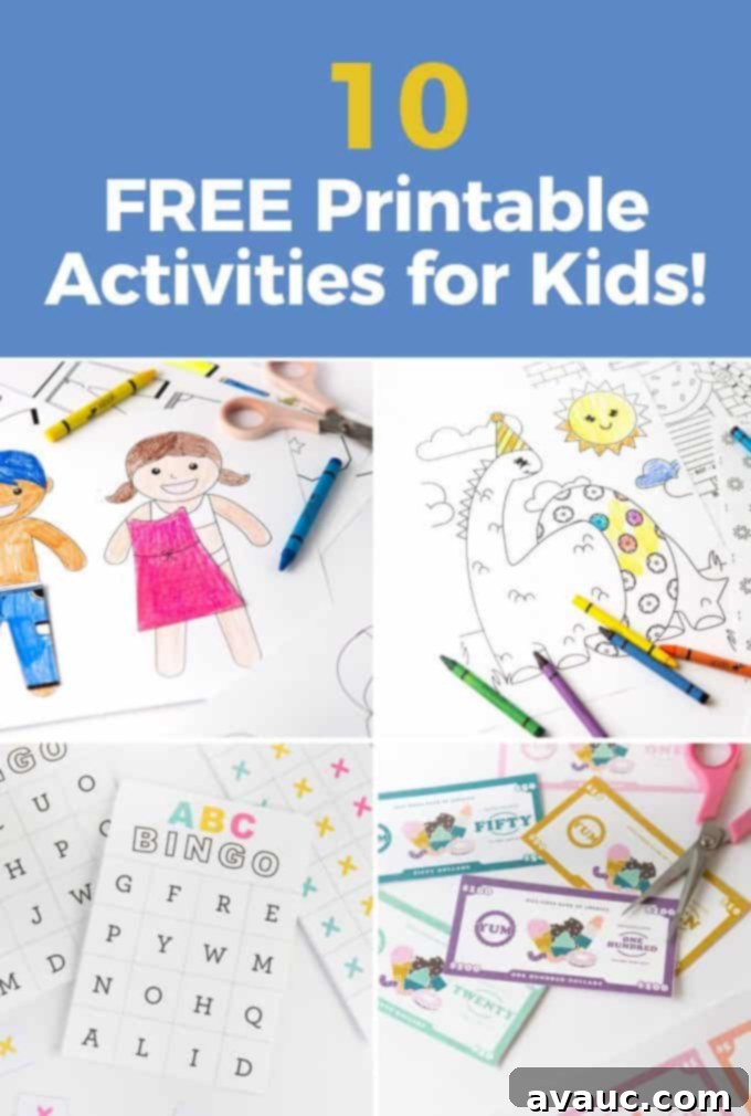 Collage of free printable activities for kids, including paper dolls, dinosaur coloring pages, ABC bingo, and printable paper money. Perfect for indoor entertainment and learning.