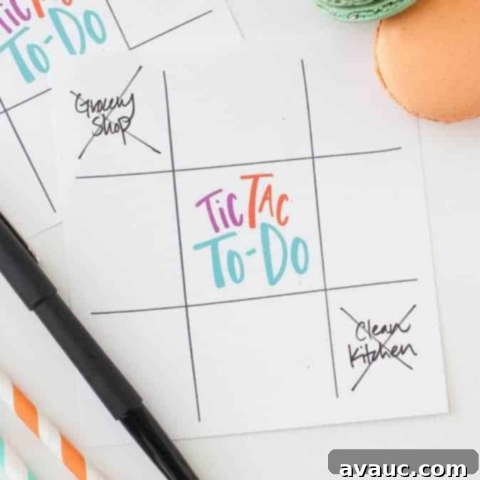 A printable tic-tac-toe chore chart with 'grocery shop' and 'clean kitchen' already marked off, demonstrating how chores can be fun and engaging for kids.