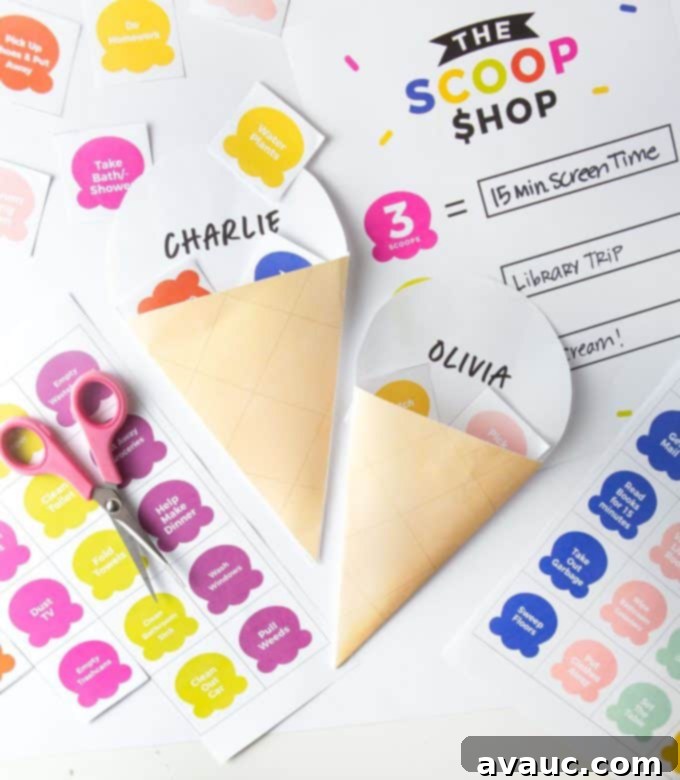 An engaging printable ice cream shaped chore chart with colorful ice cream scoops acting as tokens for completed tasks, motivating kids to do chores.