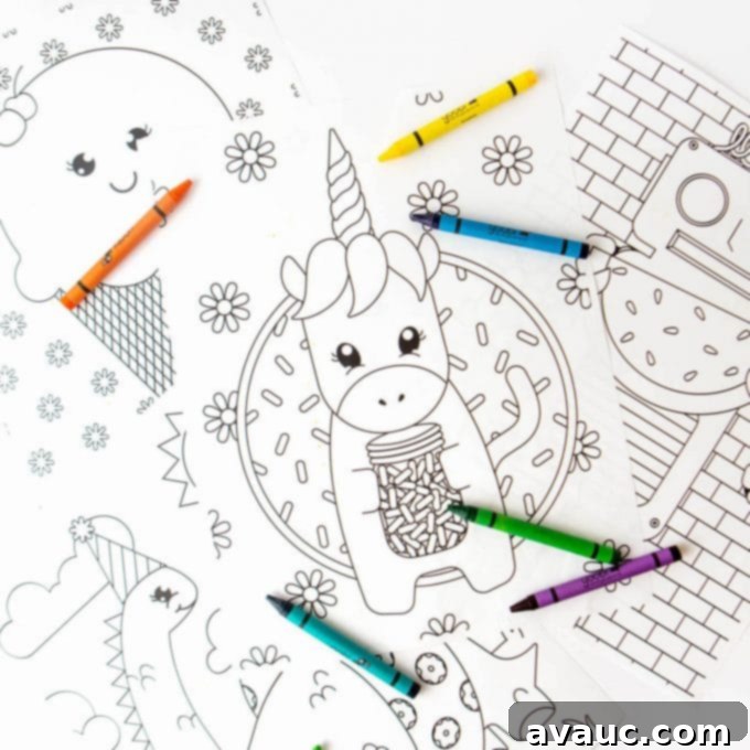 Coloring book pages featuring a whimsical unicorn holding a jar of sprinkles, a delightful ice cream cone, a friendly robot, and an exciting dinosaur illustration.