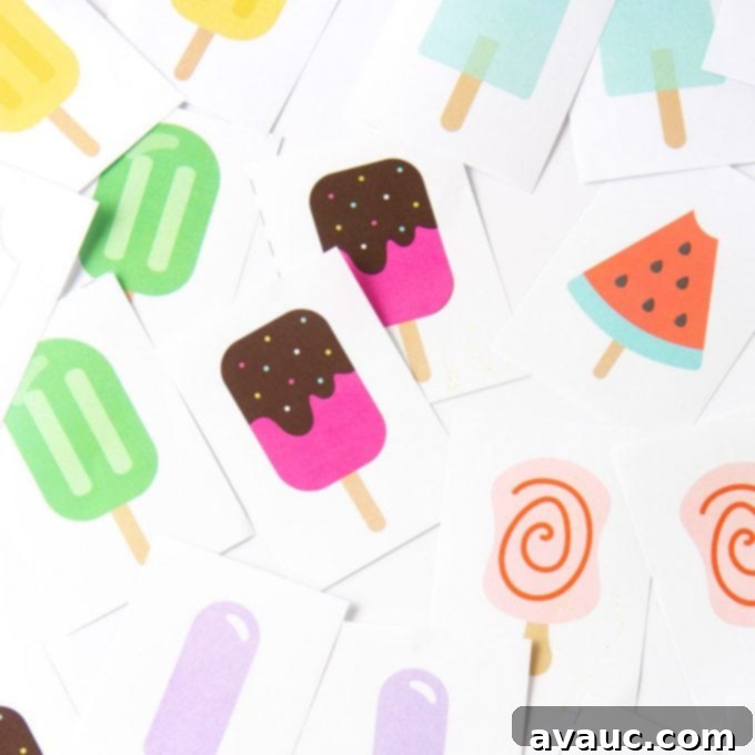 An assortment of brightly colored popsicle memory game cards laid out, ready for a fun matching game that enhances visual memory.