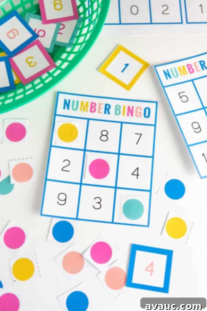Colorful number bingo cards displayed with a basket full of number tokens, ready for a fun and educational game for young children.