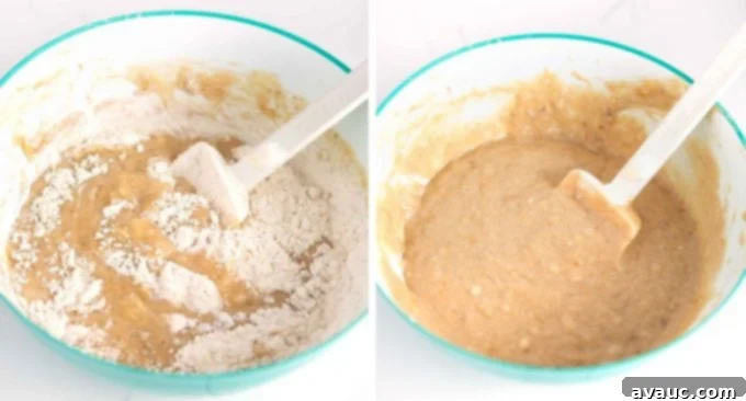 Melt-in-Your-Mouth Banana Bread Perfection 8 Mixing banana bread batter by hand with a spatula, ensuring no lumps of flour remain.