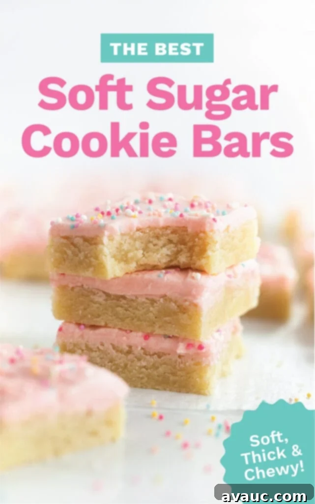 Stack of the best soft sugar cookie bars with pink frosting and sprinkles