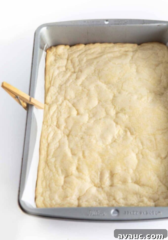Baked unfrosted 9x13 metal pan of sugar cookie bars, showing light golden edges