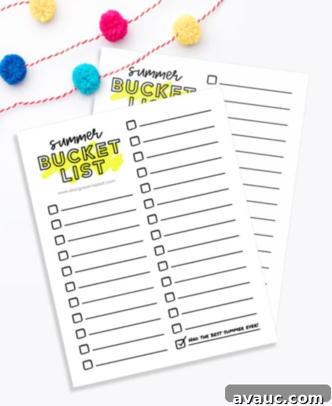 Free printable summer bucket list checklist with activities for kids