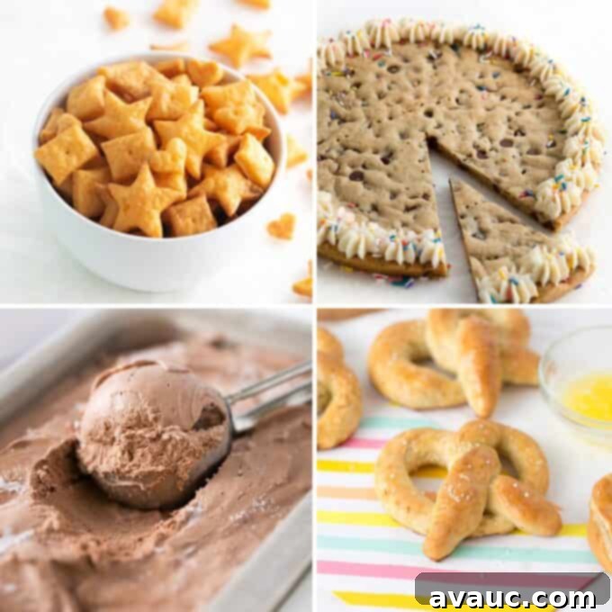 Collage of delicious homemade treats: star-shaped cheese crackers, a frosted cookie cake, chocolate ice cream, and soft pretzels - perfect for baking with kids