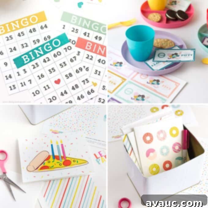 Collection of free printable games and crafts for kids: bingo cards, play money, pizza and donut themed birthday cards