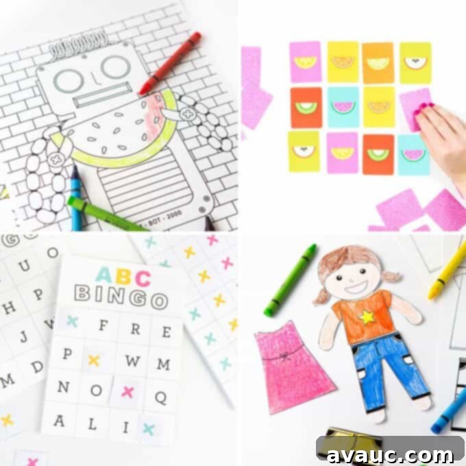 Assortment of free printable crafts and games for children: a robot coloring page, fruit slice memory game, alphabet bingo card, and paper doll coloring activity
