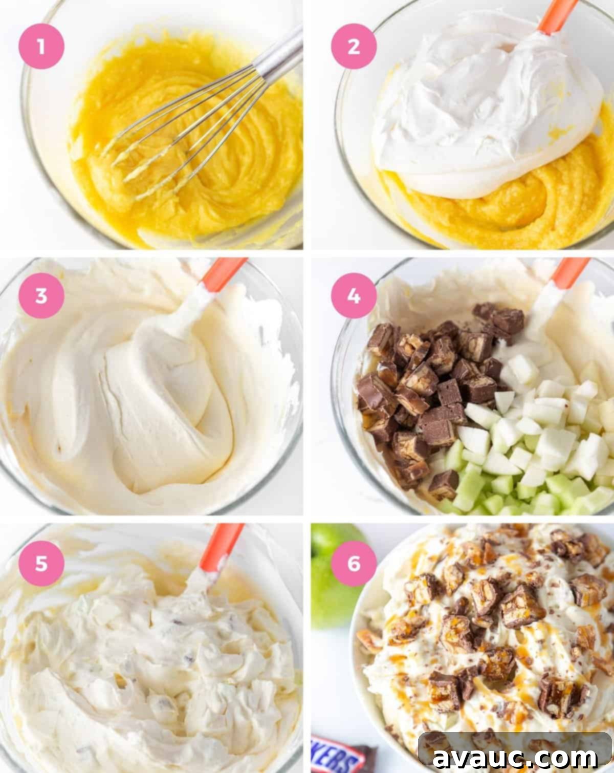 step by step collage showing how to mix together the apple snickers salad