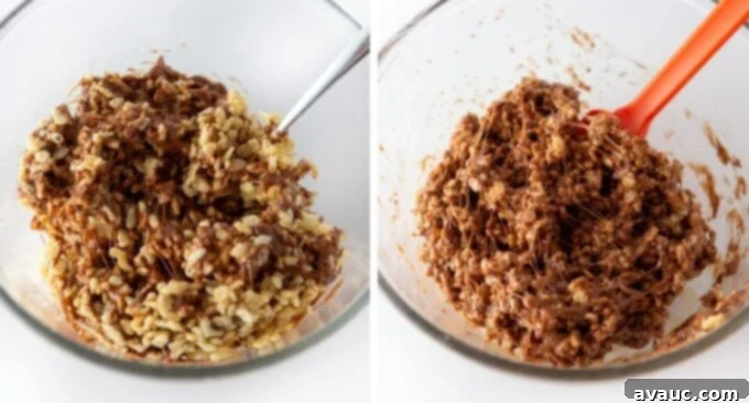 Irresistible Homemade Star Crunch Cookies 7 Step by step photo showing how to mix and coat the rice krispy cereal with the chocolate mixture