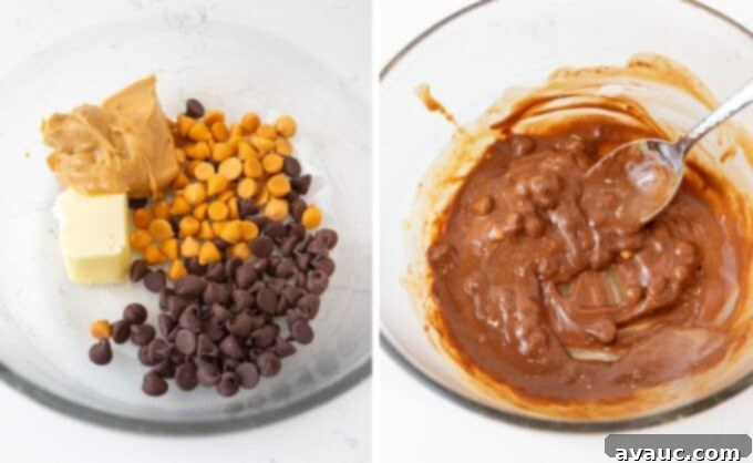 Microwave-safe bowl with melting chocolate chips, butterscotch chips, peanut butter, and butter being stirred with a spatula.