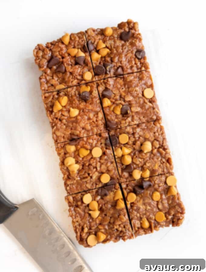 A loaf pan full of set Scotcheroos, ready to be cut into individual bars.