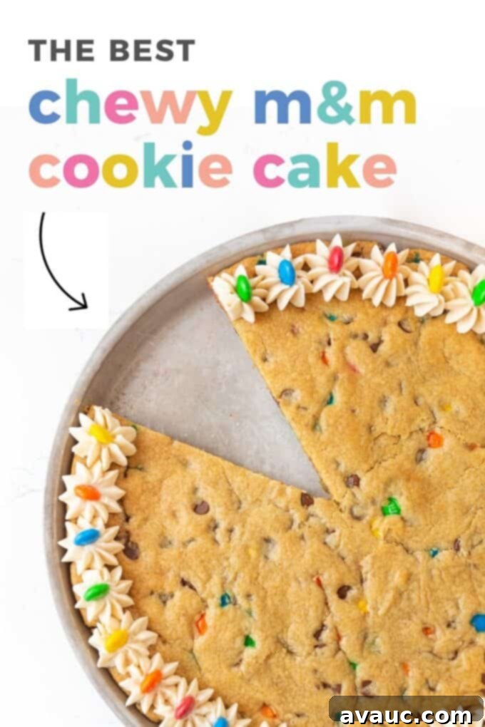 Ultimate Chewy M&M Cookie Cake 2 M&M cookie cake with smooth vanilla buttercream frosting and colorful M&M candies on top, ready for a celebration
