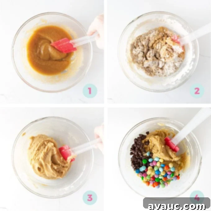 Ultimate Chewy M&M Cookie Cake 5 Step-by-step instructions for mixing M&M cookie cake dough: melted butter, sugars, egg, dry ingredients, and finally chocolate chips and M&M's