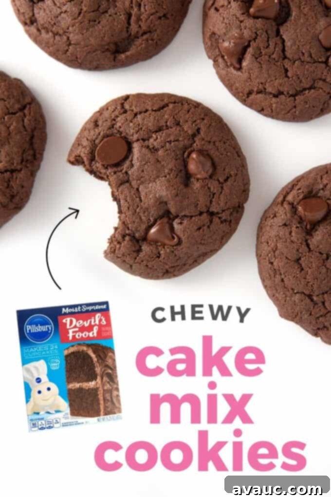 Easy Chocolate Cake Cookies 2 Chocolate cake mix cookies with chocolate chips, showcasing their rich, fudgy texture and delicious appeal.