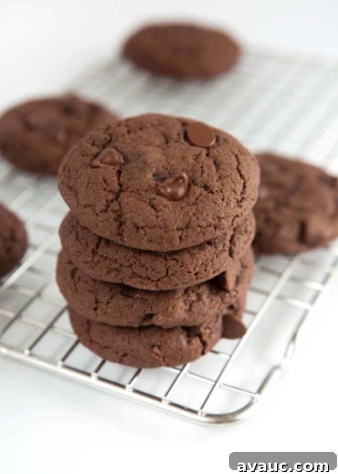 Easy Chocolate Cake Cookies 4 A stack of freshly baked chocolate cake mix cookies cooling on a wire rack, ready to be enjoyed.