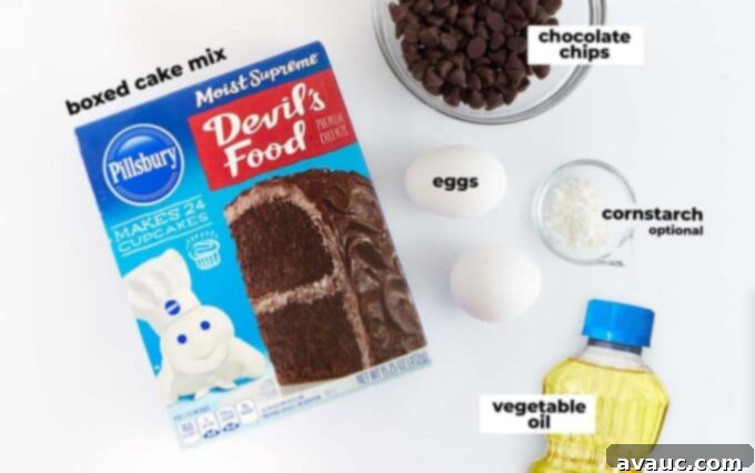 Easy Chocolate Cake Cookies 5 All the simple ingredients for chocolate cake mix cookies laid out: cake mix, oil, eggs, chocolate chips, and optional cornstarch.
