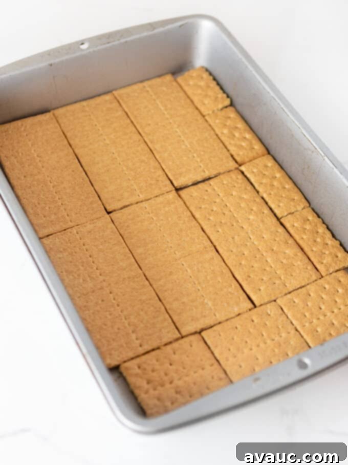 graham crackers lining bottom of 9x13 pan
