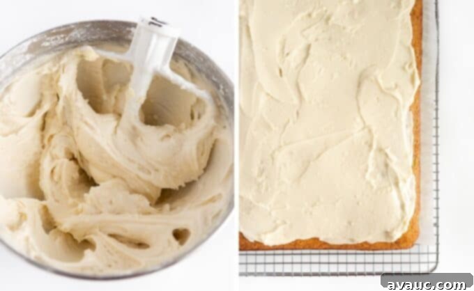 Bowl of cream cheese frosting in mixing bowl next to finished frosted banana cake 