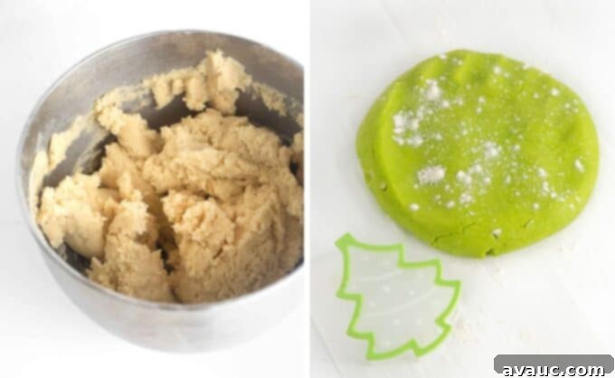 Effortless Christmas Tree Cookies 6 A clear glass bowl filled with freshly mixed sugar cookie dough, ready for coloring and shaping.