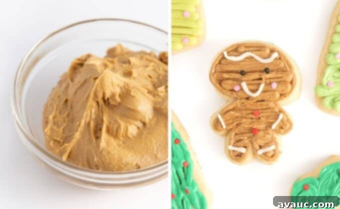 Bowl of brown frosting next to gingerbread man sugar cookie