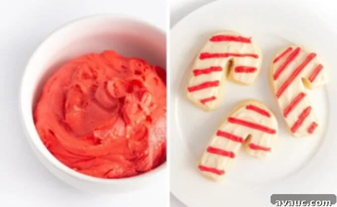 Bowl of red frosting next to a red stocking cookie