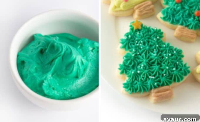 Bowl of emerald green frosting next to plate of green christmas tree sugar cookies