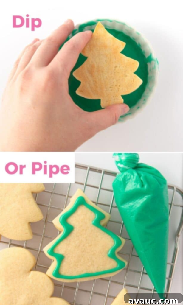 Quick and Easy Sugar Cookie Glaze 7 dipping or piping green icing on christmas tree cookies
