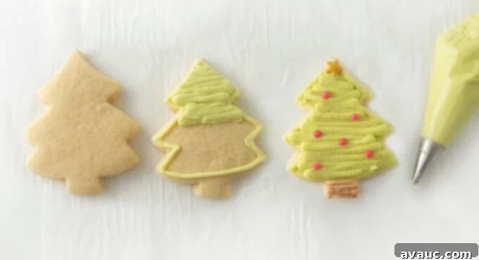 7 Fun & Easy Ways to Decorate Sugar Cookies 3 Diagram showing how to pipe a sugar cookie Christmas tree using buttercream frosting with a lined fill