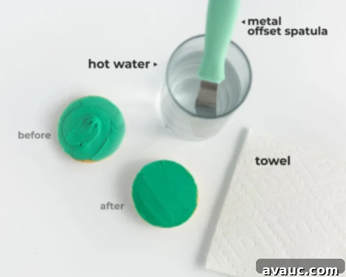 7 Fun & Easy Ways to Decorate Sugar Cookies 4 Glass of hot water with an offset spatula, demonstrating the smoothing technique for buttercream icing