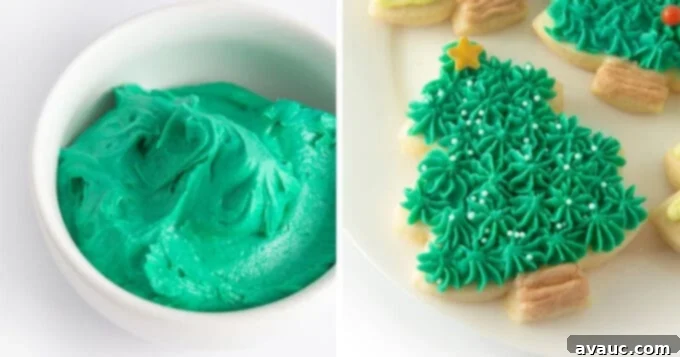 7 Fun & Easy Ways to Decorate Sugar Cookies 5 Bowl of vibrant green buttercream frosting next to a beautifully decorated Christmas tree cookie using a star tip