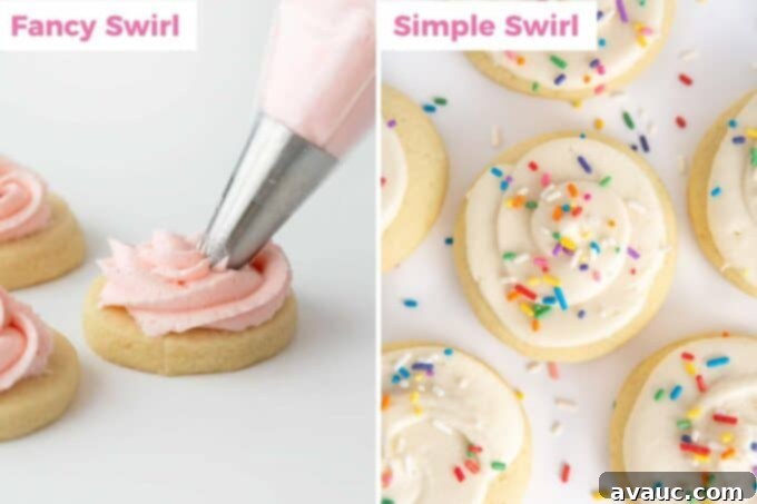 7 Fun & Easy Ways to Decorate Sugar Cookies 6 Collage showing how to create both a fancy star tip swirl and a simple round tip swirl on sugar cookies