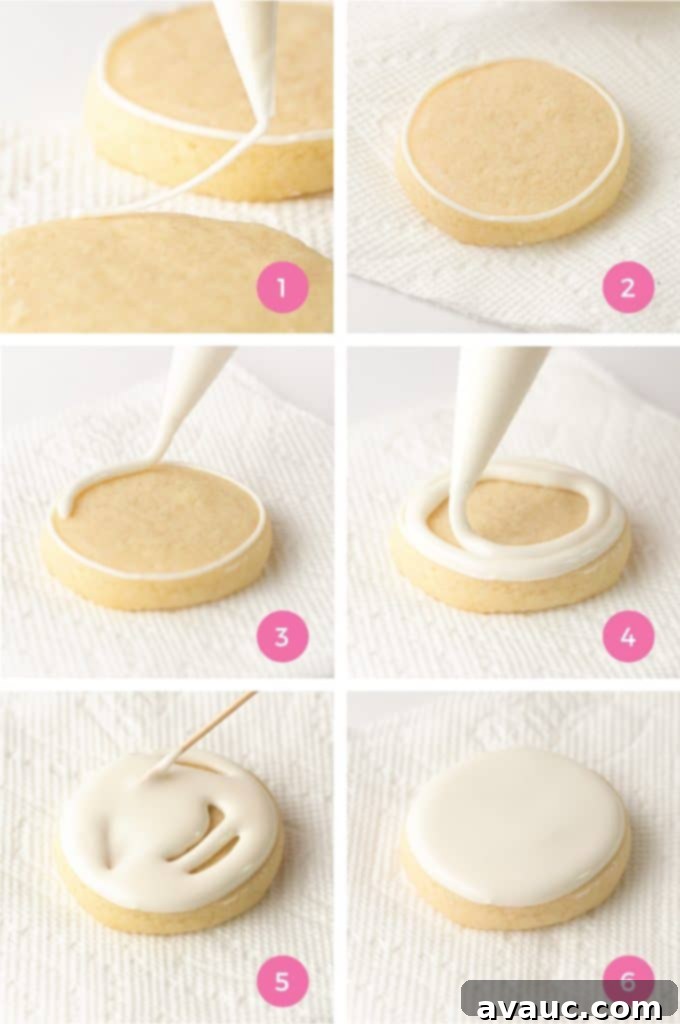 7 Fun & Easy Ways to Decorate Sugar Cookies 8 Step-by-step collage demonstrating how to outline and flood a sugar cookie using royal icing for a smooth finish