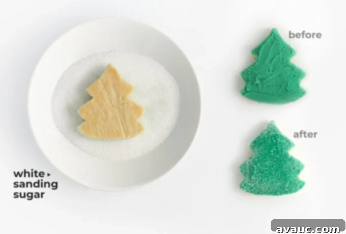 7 Fun & Easy Ways to Decorate Sugar Cookies 9 Bowl showing a sugar cookie being dipped into white sanding sugar for a sparkling finish