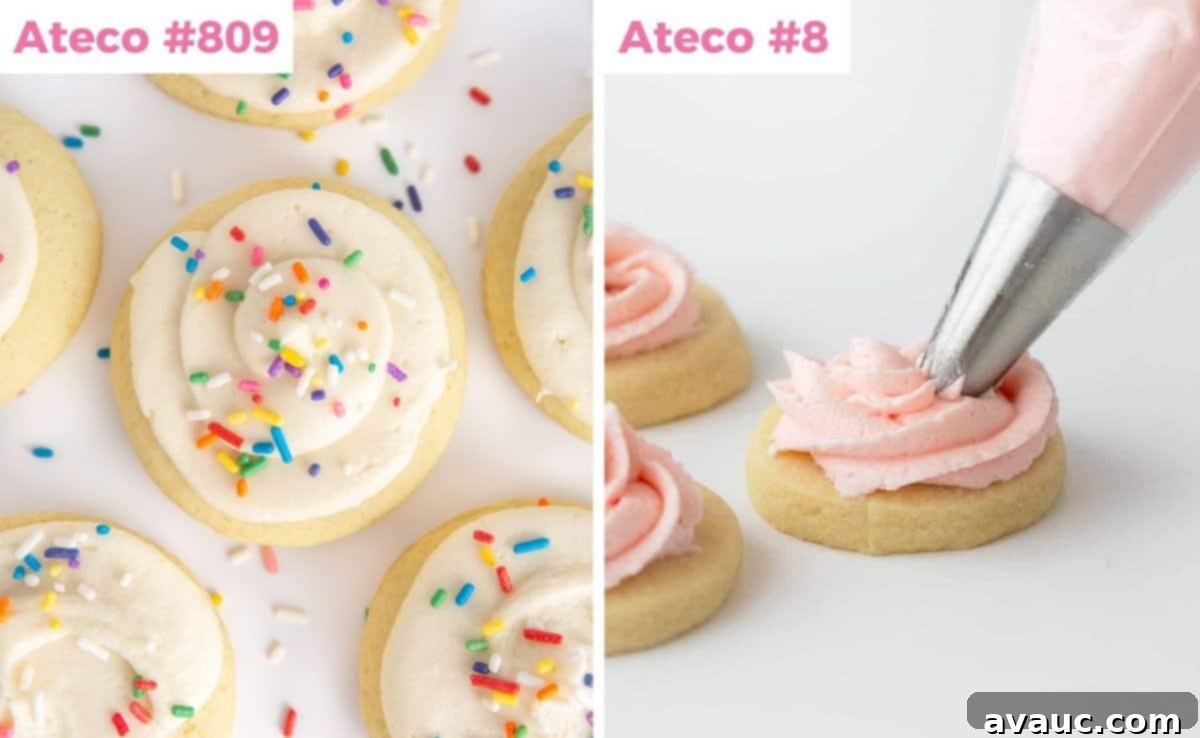 Piping tips and decorated fluffy sugar cookies showing different frosting swirls