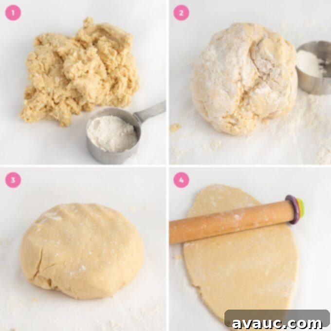 Step-by-step photos demonstrating how to roll out and flatten fluffy sugar cookie dough