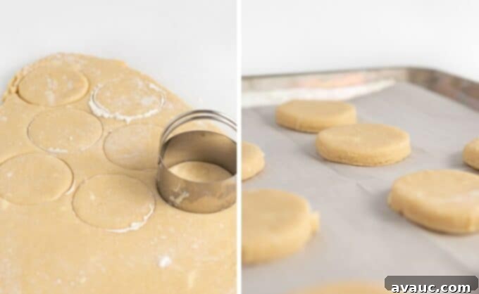 Process of cutting circular shapes from fluffy sugar cookie dough on a floured surface