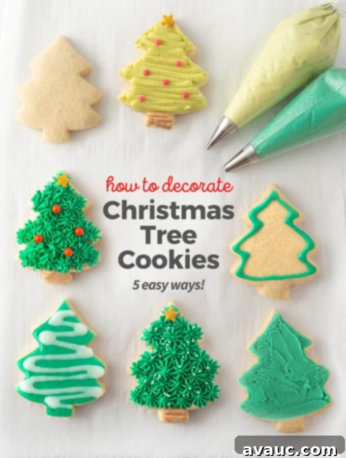 Simple Ways to Decorate Christmas Tree Cookies 2 Overhead photos of 5 different types of decorated christmas tree cookies, showcasing various easy decorating techniques with buttercream, glaze, and sanding sugar