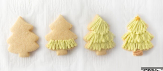 Simple Ways to Decorate Christmas Tree Cookies 5 Step-by-step photos demonstrating how to decorate Christmas tree cookies with a layered line technique, showcasing the progressive addition of frosting layers for a textured effect