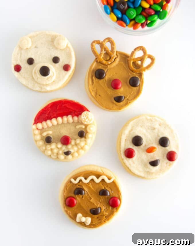 5 easy Christmas cookie ideas for kids including reindeer, Santa, snowman, gingerbread man, and polar bear made with M&Ms