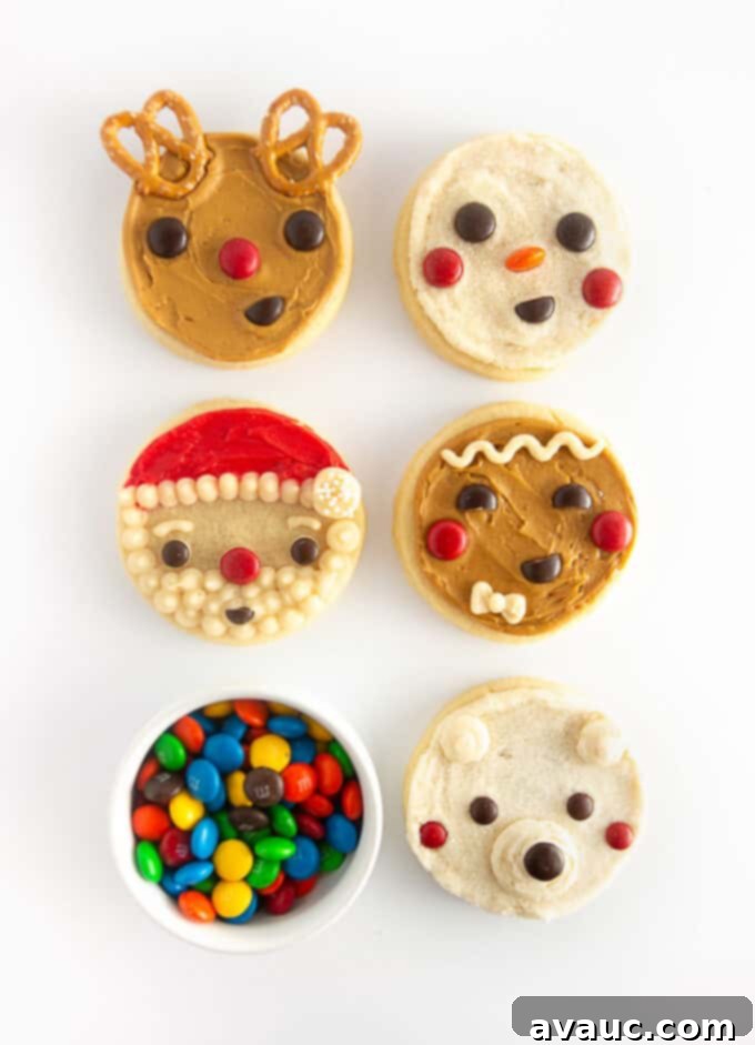 A collage of the 5 easy Christmas cookie ideas for kids: reindeer, Santa, snowman, gingerbread man, and polar bear with M&M decorations