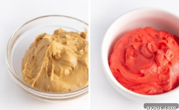 Bowls of perfectly mixed brown and red frosting, ready for Christmas cookie decorating