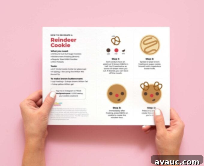 Easy Rudolph Cookies 4 printable worksheet to make brown rudolph reindeer sugar cookies using M&M's and pretzels