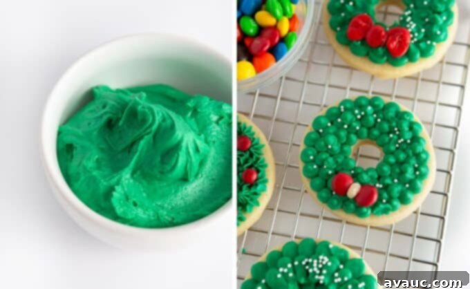 Bowl of vibrant green frosting next to a finished decorated wreath sugar cookie with red M&M bow