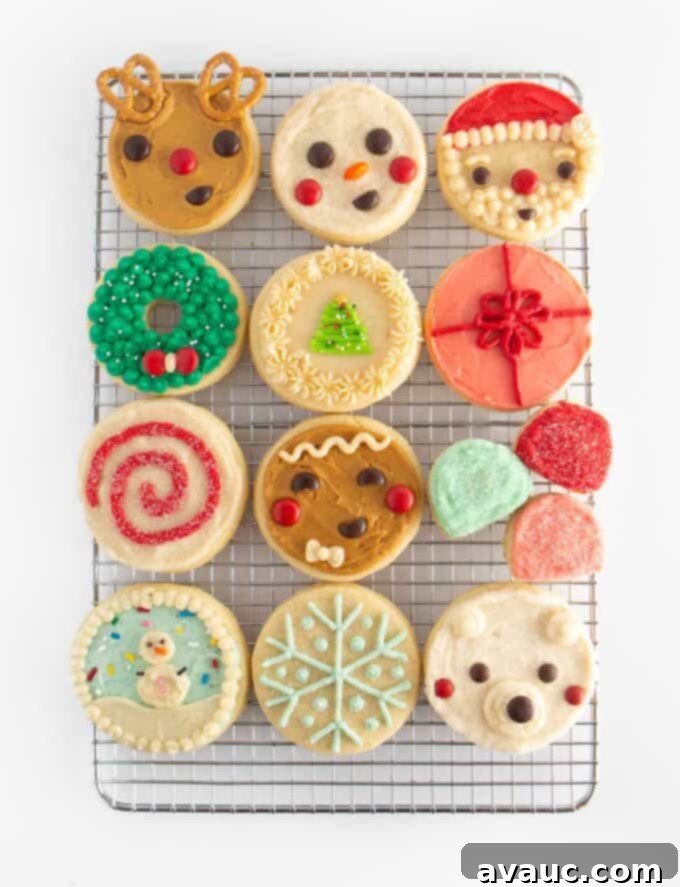 12 easy circle Christmas cookie designs, including reindeer, snowflakes, and Santa faces