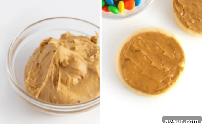 Round Gingerbread Man Sugar Cookies 6 Bowl of brown frosting and a frosted sugar cookie being decorated.