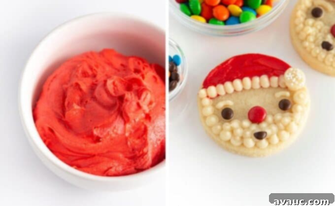 Bowl of vibrant red frosting, ready for Santa's hat on cookies