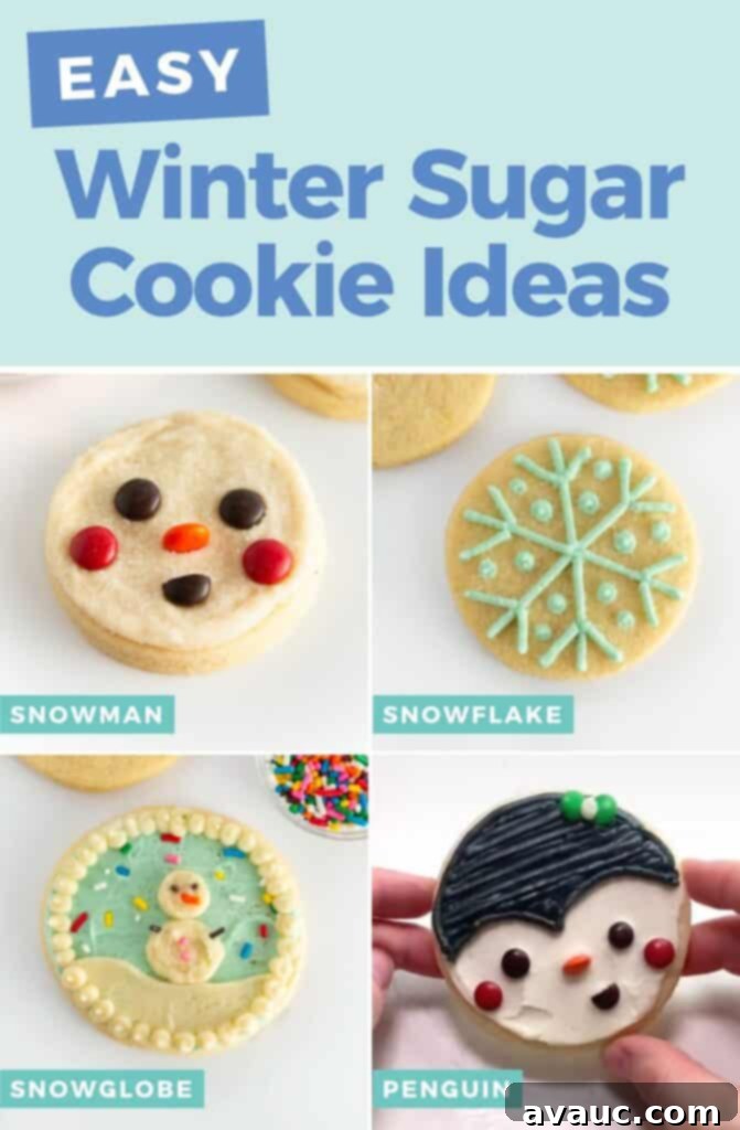 5 Easy Winter Cookie Recipes 2 Close-up of three decorated round winter cookies: a snowman, a polar bear, and a penguin, with white and blue frosting and candy details.